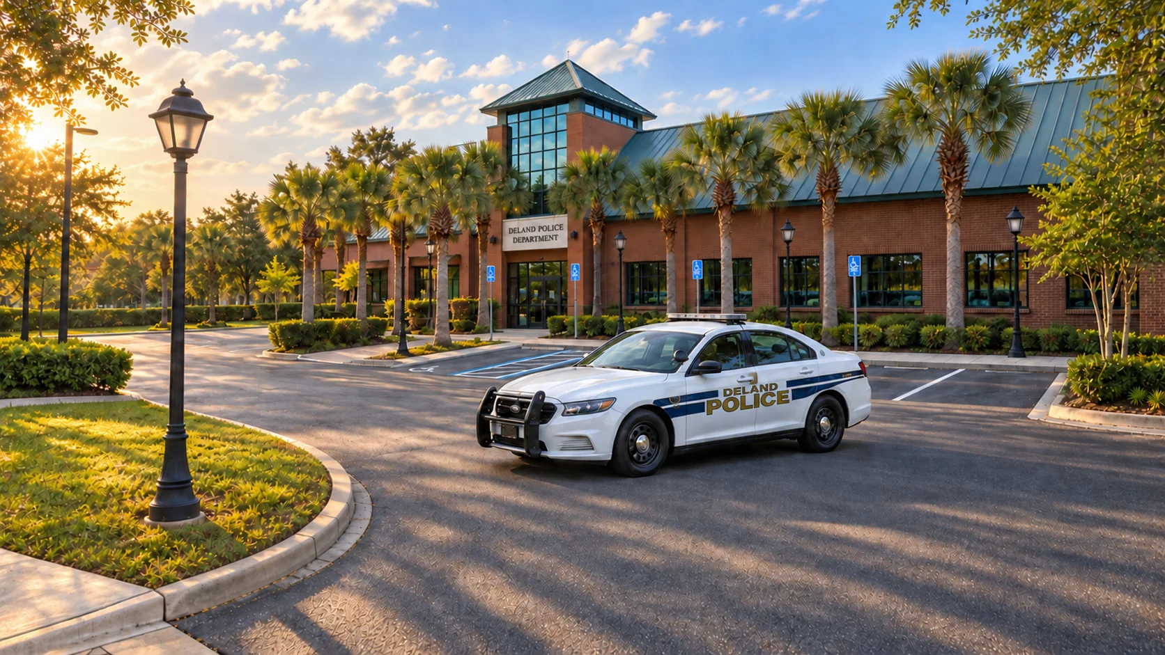Photorealistic illustration of a DeLand Police patrol car in the open lot in front of headquarters, with empty marked parking spaces behind it